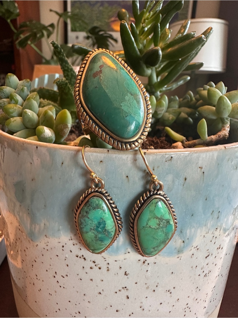 Barse genuine turquoise bronze ring and earring set-retired design